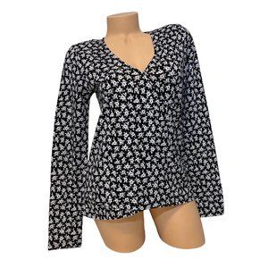 Michael Kors Women's MEDIUM Long Sleeve Print Wrap Top Floral Black White Blouse